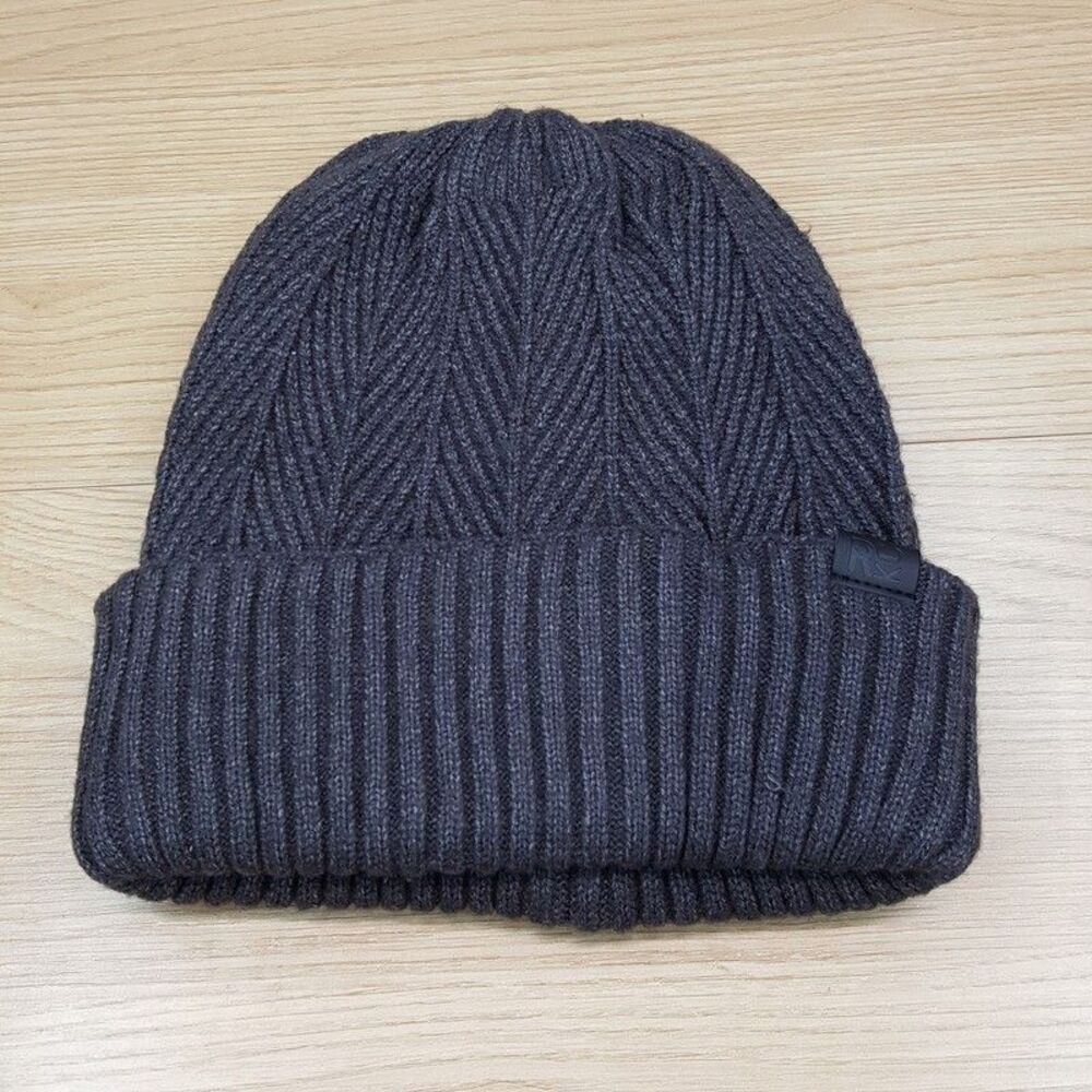 KENNETH COLE REACTION Mens Beanie Hat Grey Ribbed Fold Over Knit Cozy Logo